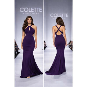 Colette Strapless Purple Evening Gown Jersey Maxi Dress Open Back sz 6